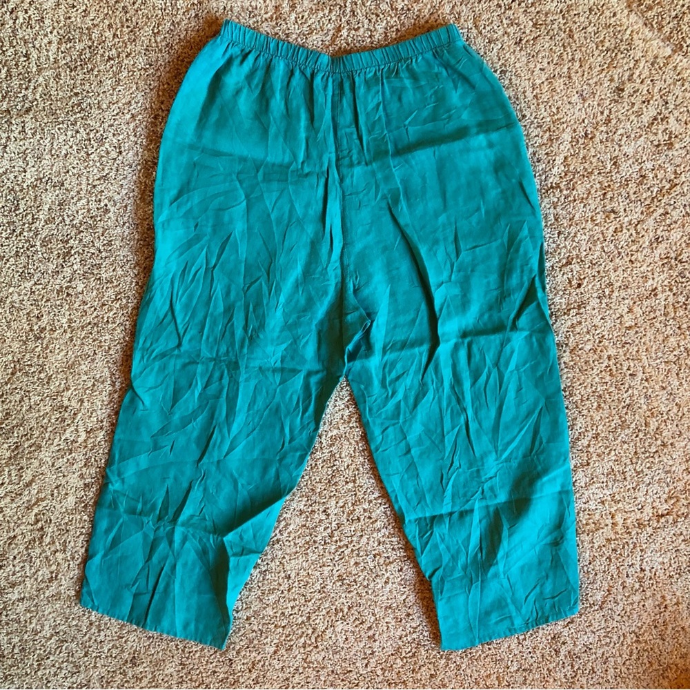 FLAX 100% Linen Pants Rainforest Green Cropped Capri Elastic Waist Size SMALL - Picture 2 of 10